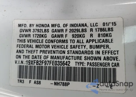 2015 Honda Civic Exl из США, поврежденный, VIN 19XFB2F97FE035642